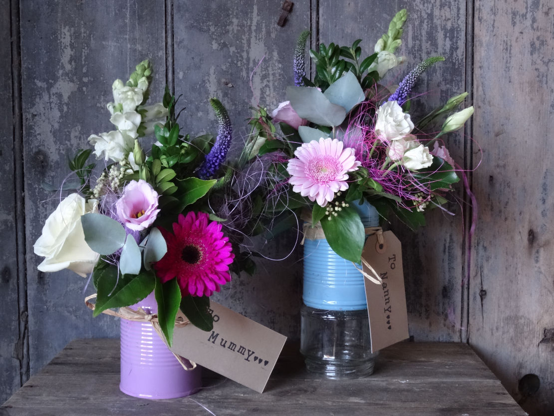 Vintage tin can posy in an array of colours to choose
